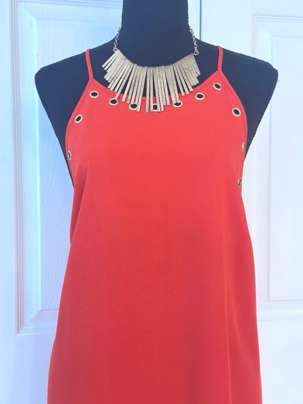 Daniel Cremieux Red A-Line Spaghetti Strap Dress Gold Grommet Detail - Picture 7 of 13